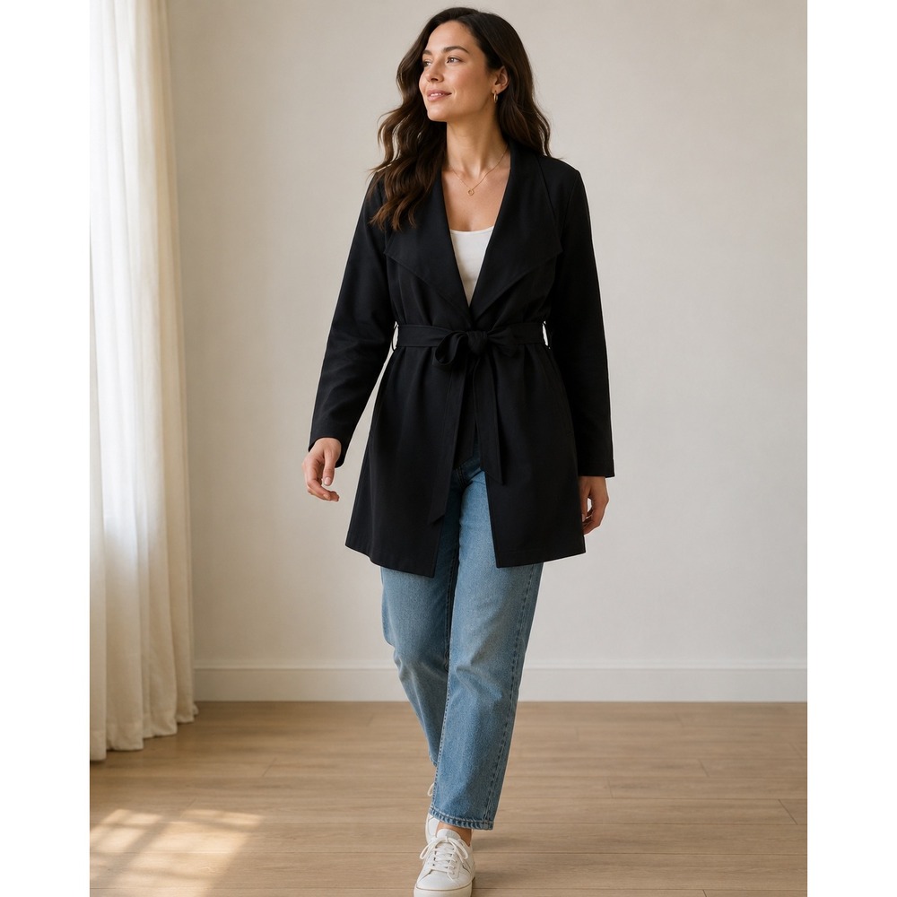 CAbi Black Waterfall Tie Belt Jacket Womens Large Open Front Career Chic